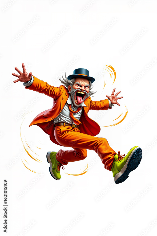 Fototapeta premium An exuberant, elderly magician with a wild expression, dressed in a vibrant orange suit and hat, captured in a dynamic, cartoonish leap.