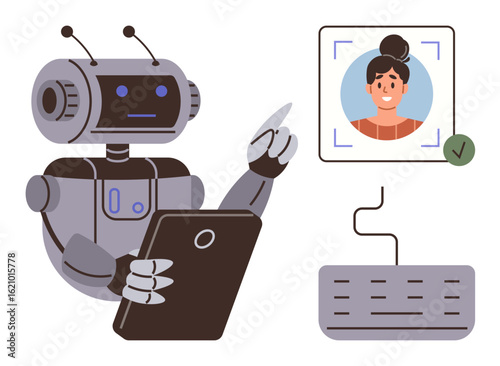 Robot using tablet and keyboard to identify a user through facial recognition. Ideal for AI, technology, cybersecurity, biometrics, automation, innovation, and digital identity. Simple flat metaphor
