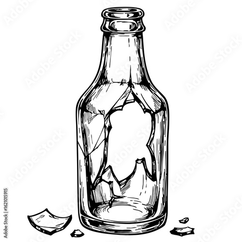 Broken glass bottle sketch with shards on a white background  