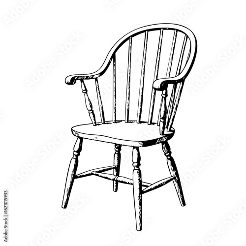 Vintage sketch of a wooden armchair with spindled backrest  