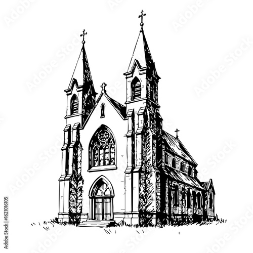 Vintage sketch of a Gothic church with tall spires and detailed architecture  
