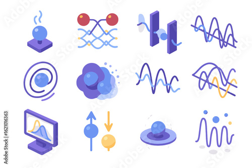 Entanglement tunneling phenomena fluctuations measurement quantum icon icons interference spin vector superposition