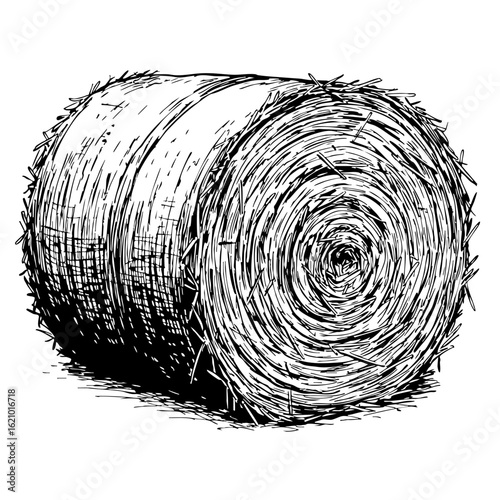 Vintage sketch of a hay bale in detailed black and white  