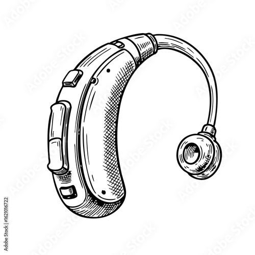 Vintage sketch of a hearing aid device with functional details  