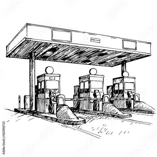 Sketch of a highway toll booth with multiple payment stations  