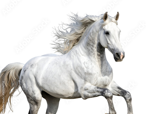 White horse running in mid-stride, isolated PNG, horse PNG