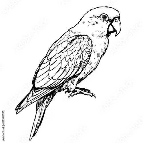 Vintage sketch of a parrot standing with detailed feathers  