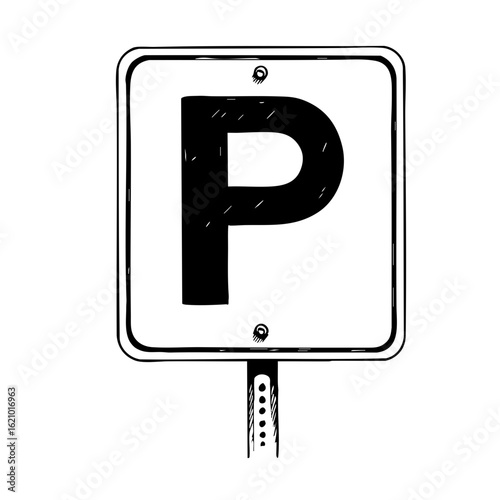 Vintage parking sign illustration with bold 'P' in black and white  