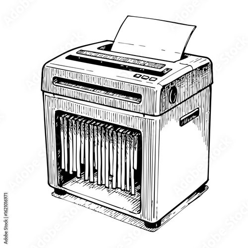 Vintage sketch of a paper shredder in a detailed outline style  