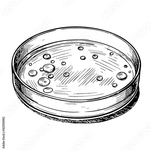 Vintage sketch of a petri dish with bubbles and liquid  