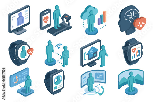 Virtual fitness vector data tech modeling dashboard twin avatar ai icon