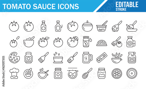 Editable Vector Icons for Tomato Sauce, Cooking, and Food Preparation
