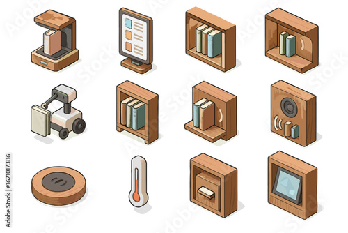 Interface catalog icons shelf robotic vector smart bookshelf book icon lighting finish