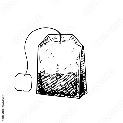 Vintage sketch of a tea bag with a tag and string  