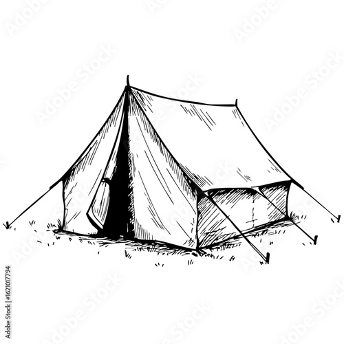 Vintage sketch of a camping tent with ropes and stakes on grass  