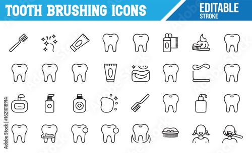Editable Tooth Brushing Icons for Oral Hygiene and Dental Care