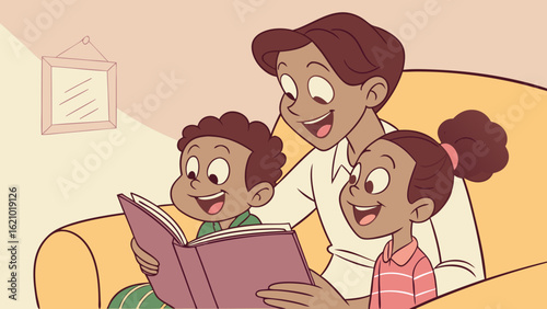"Cartoon Family Enjoying Storytime with Fairy Tale Book | Parenting and Bonding Illustration"