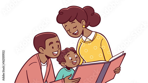 "Cartoon Family Enjoying Storytime with Fairy Tale Book | Parenting and Bonding Illustration"