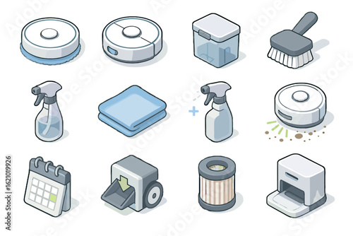 Microfiber icon calendar filter butler container disposal waste system brush robot vector