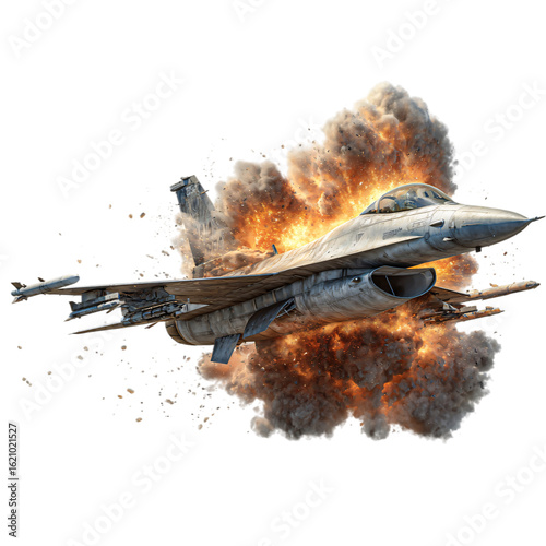 Dynamic fighter jet maneuvers through fiery explosion, showcasing power and precision in combat.