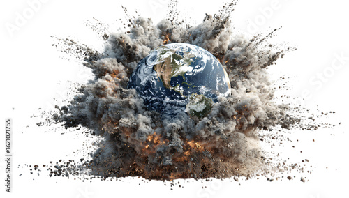 Planet Earth engulfed in a catastrophic explosion of smoke, debris, and fiery impact