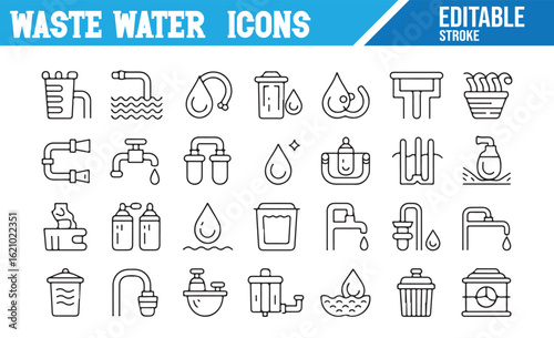 Set of Waste Water Icons, Filtration, Treatment, and Purification Process. Editable Stroke Vector Icons for Water Supply, Sewage, and Environmental Management.