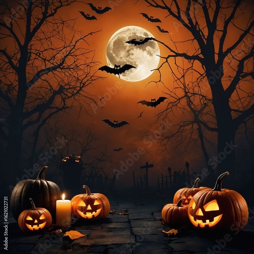 Escena atmosférica de Halloween con linternas de calabaza iluminadas, velas y hojas de otoño sobre una superficie de piedra, con un bosque embrujado y murciélagos de fondo.