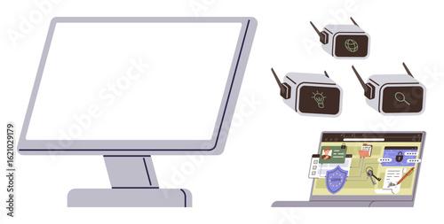 Desktop monitor, laptop with an open web browser, and wireless cubes displaying innovation, research, and global connectivity. Ideal for technology, communication, creativity, research innovation
