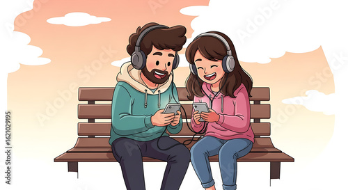A loving couple enjoys a shared musical experience, listening together on headphones from their devices on a park bench
