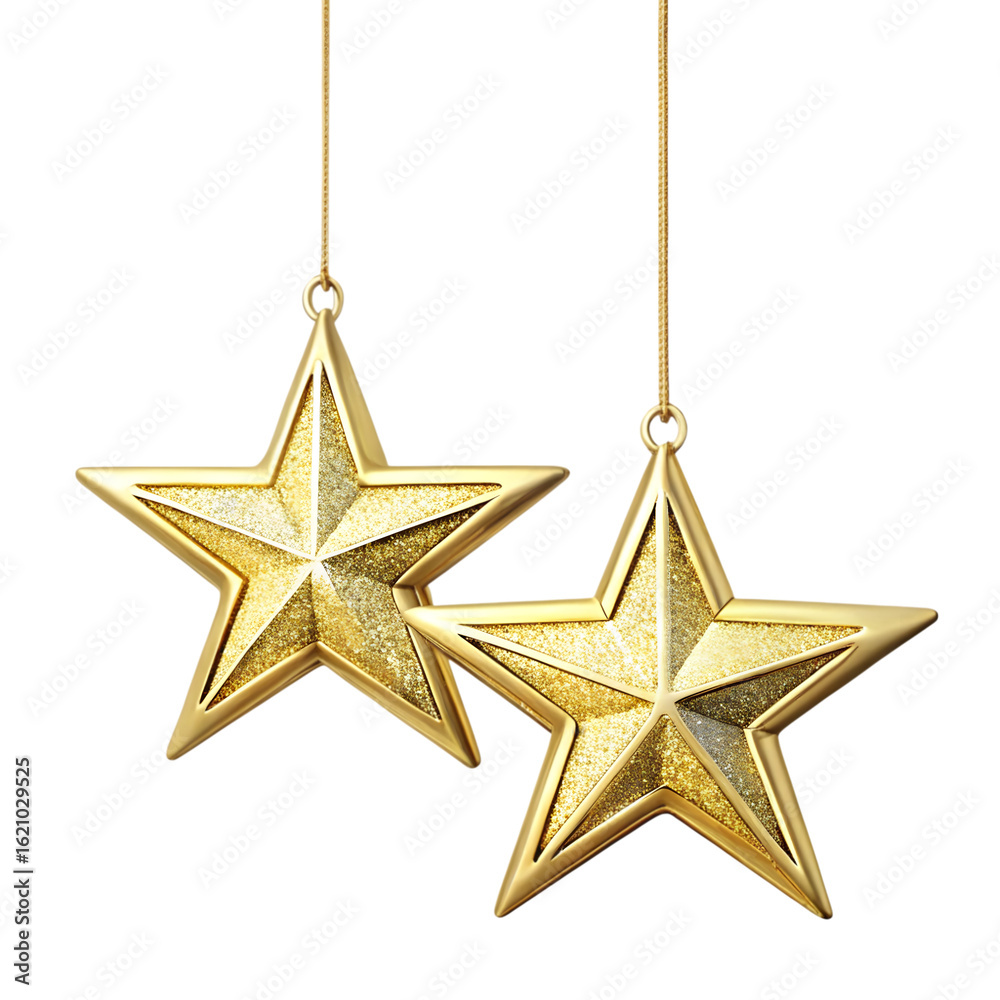 Fototapeta premium Pair of golden star shaped ornaments hanging on transparent background