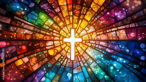 Glowing cross in a vibrant stained glass window. Faith, divinity, hope. The light of Jesus Christ, sacred art. Ideal for Easter, church services, and religious media.
