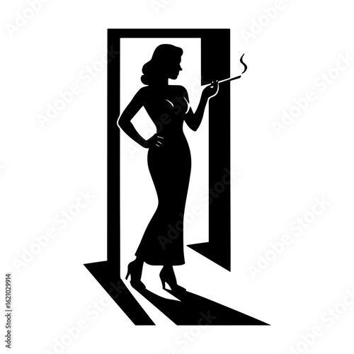 Elegant Femme Fatale Silhouette in Classic Film Noir Style Vector Illustration on a Clean White Background