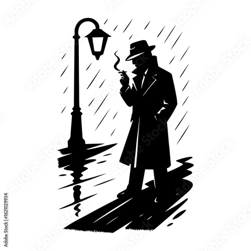 Film Noir Detective Silhouette in Trench Coat Under Streetlight Vector Illustration on White Background