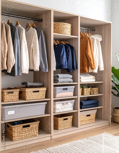 Organized closet with clothes and storage baskets (1)