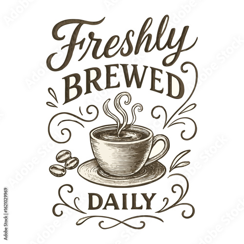 Hand Drawn Coffee Shop Sign Vector with Cappuccino Script Text and a Cat Illustration on White Background