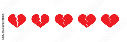 Broken heart symbol, emotional pain icon, heartbreak graphic, love loss representation, sorrowful feelings image. Red heartbreak icon set.