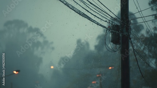 Rainy City Street Scene. Power Poles