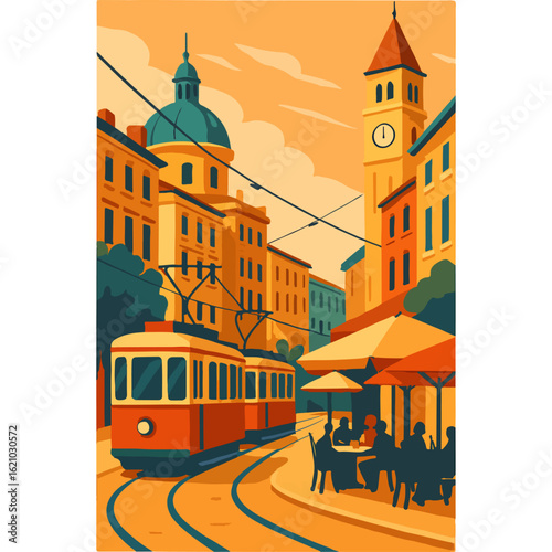 Vintage City Travel Poster with Tram Cafe Scene and Dog Illustration in Vector Style