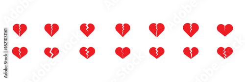 Red heartbreak / broken heart or divorce flat vector icon for apps and websites. Set of red Broken heart.