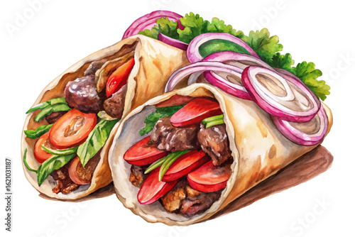 A gyro wrap with grilled lamb, tomatoes, onions, and tzatziki in pita bread, illustrated in banner vector for Mediterranean food menus and takeaway branding