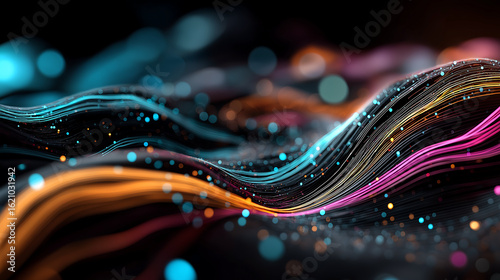 Neon Synthwave Fractal Waves - 8K Vector Spline Light Interference with Glowing Particles on Dark Futuristic Background