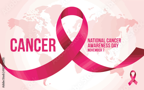 Illustration of national cancer awareness day with pink ribbon and world map background