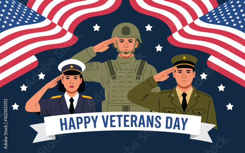 Illustration of happy veterans day with diverse military personnel and flags