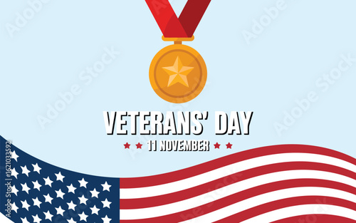 Illustration of veterans day medal and american flag illustration