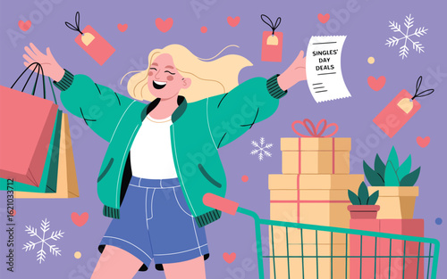 Illustration of excited woman shopping with bags and gifts during a sale event