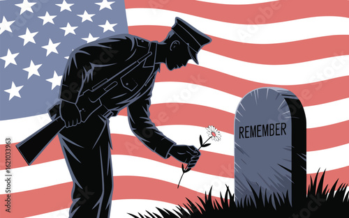 Illustration of soldier honors fallen comrade at a grave with american flag