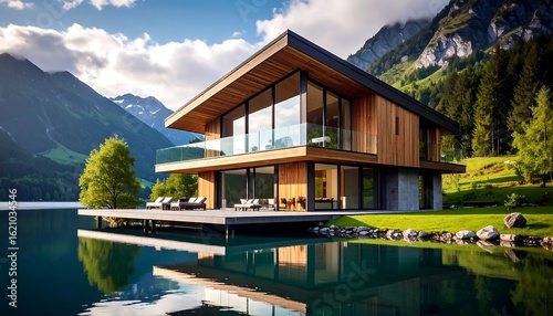 Modern lake house nestled in mountains