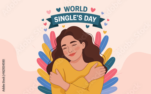 Illustration of world singles day illustration featuring a woman embracing herself
