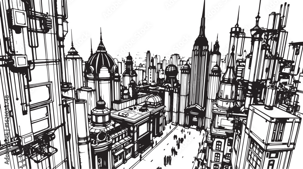 Fototapeta premium City landscape. Different buildings on street, outline cityscape hand sketch, flat houses. Hand drawn vector illustration