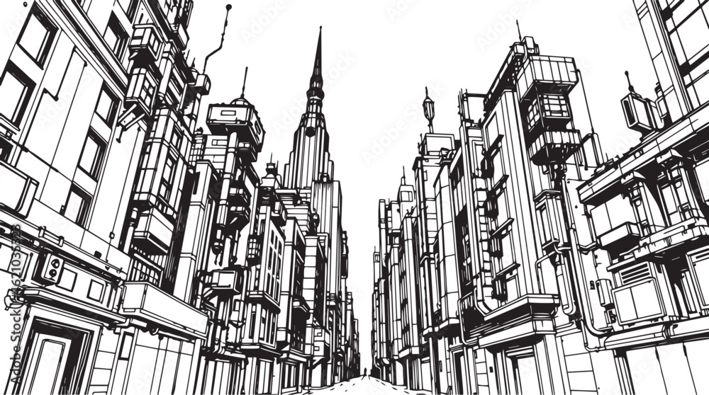 Fototapeta premium City landscape. Different buildings on street, outline cityscape hand sketch, flat houses. Hand drawn vector illustration